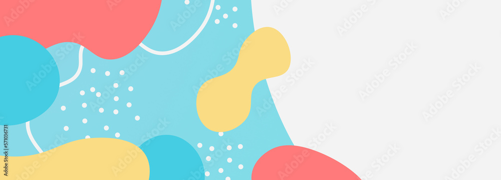 Colorful liquid illustration horizontal banner template. Cyan blue yellow red wavy shapes with place for text. Funny bright kids brochure design blank 