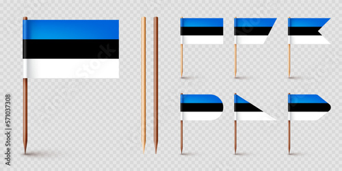 Realistic various Estonian toothpick flags. Souvenir from Estonia. Wooden toothpicks with paper flag. Location mark, map pointer. Blank mockup for advertising and promotions. Vector illustration