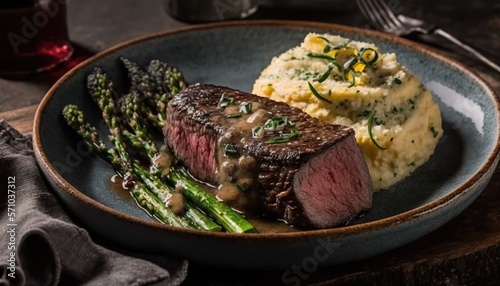  a plate of steak, mashed potatoes, and asparagus on a wooden table next to a glass of red wine and a fork. generative ai