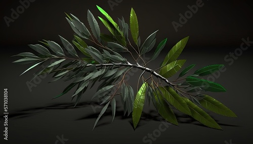  a branch of a tree with green leaves on a black background with a shadow of a branch of a tree with green leaves on a black background.  generative ai