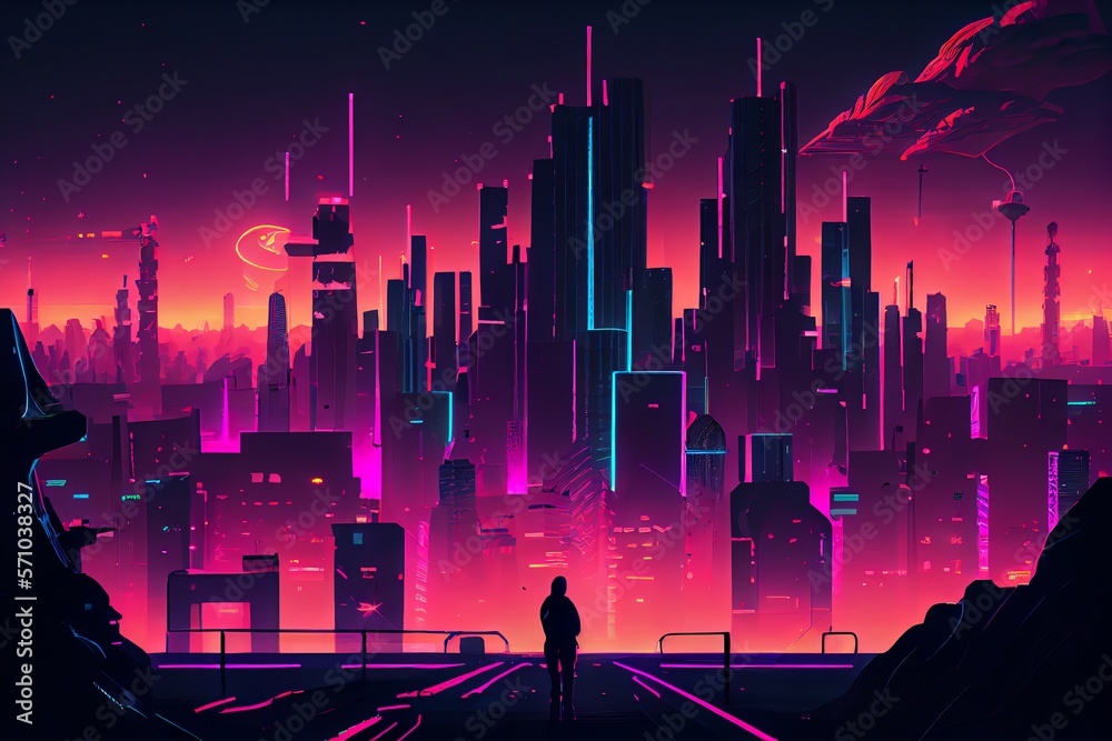 Glowing neon light city as metaverse and synthwave concept. Generative AI