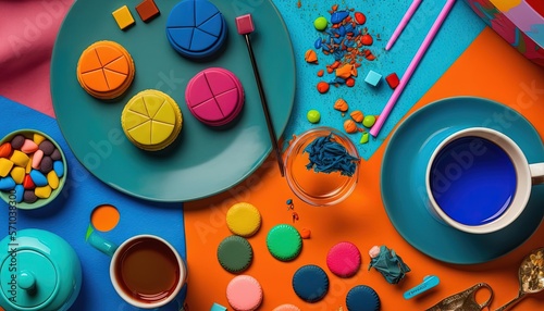  a table topped with a blue plate covered in candy and cupcakes next to a cup of coffee and a plate of cookies and candies. generative ai