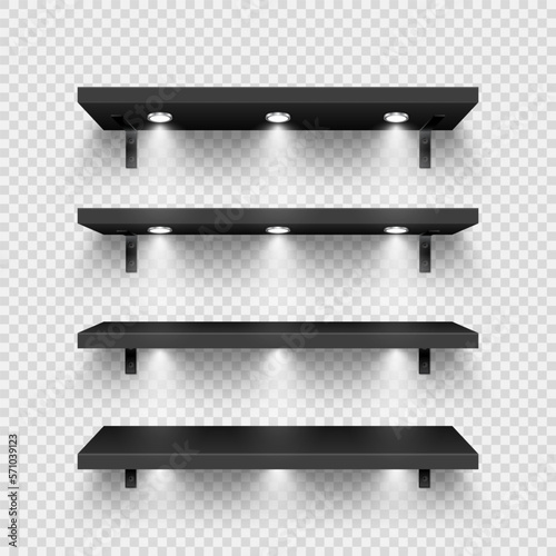 Realistic black store shelves with wall mount and lighting, spotlights. Empty product shelf, grocery wall rack. Mall and supermarket furniture, bookshelf. Modern interior design. Vector illustration
