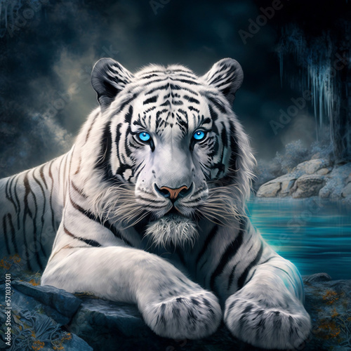 white tiger illustration front viwe blue, white and black photo