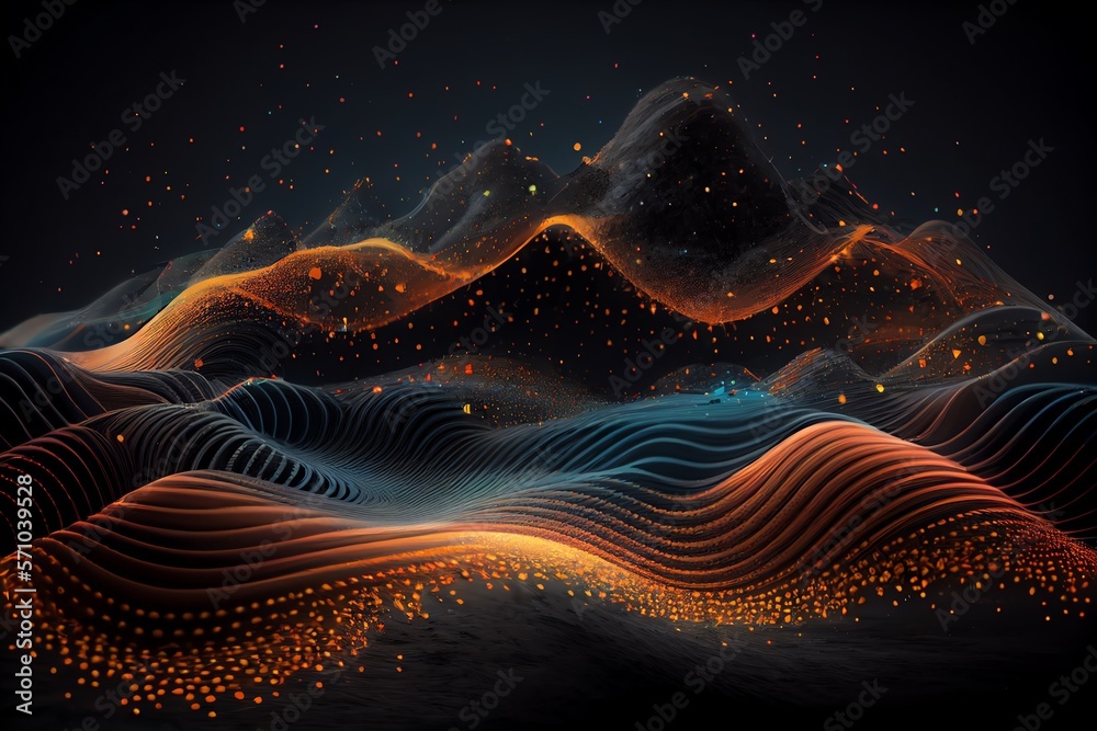 Technology background with connected dots on 3D wave landscape. Data science, particles, digital world, virtual reality, cyberspace, metaverse concept. Generative AI Technology background with connected dots on 3D wave landscape. Data science, particles, digital world, virtual reality, cyberspace, metaverse concept. Generative AI