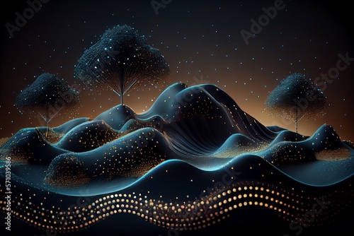 Technology background with connected dots on 3D wave landscape. Data science, particles, digital world, virtual reality, cyberspace, metaverse concept. Generative AI