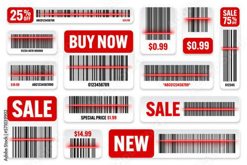 Set of product barcodes with red scanning line. Sale stickers, discount label or promotional badge. Serial number, product ID. Store or supermarket scan labels, price tag. Vector illustration