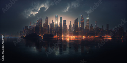 Dazzling Nightscape: A Cinematic View of the City Skyline Illuminated Under the Stars. Generative AI © AGA ART Studio