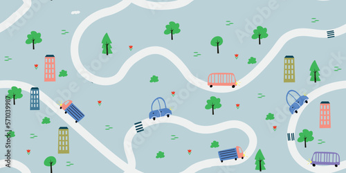 Vector illustration of a beautiful children's map with a car track with a top view. Cartoon landscape with road forks, cars, trees, houses. Game mat with a city map for a childrens room.