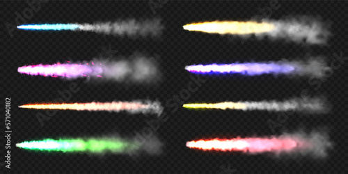 Realistic colorful space rocket trails. Festive fireworks launch. Fire burst, explosion. Missile or bullet trail. Jet aircraft tracks. Smoke clouds, fog. Steam flow. Vector illustration