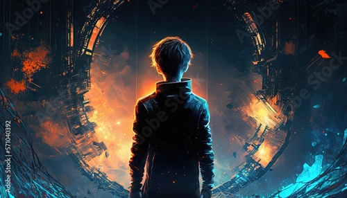 a boy in front of metaverse gate to cyber dimension realm, fantasy sci-fi theme, futuristic lifestyle, Generative Ai