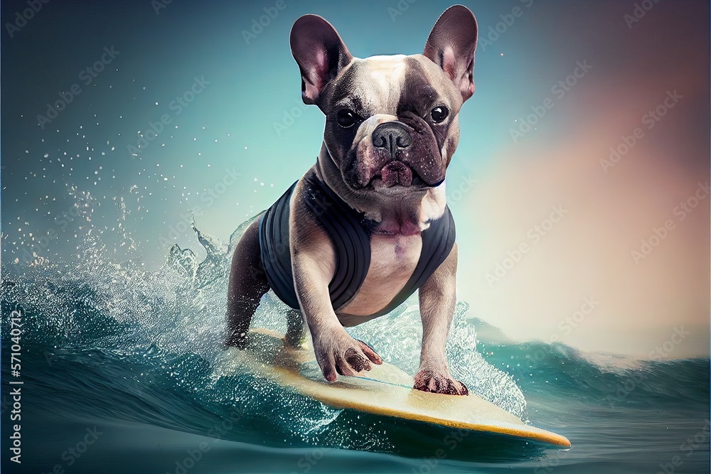 Black-white french bulldog in swimm suit, floating on a surfboard in the big waves