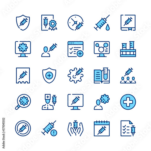 Vaccine line icons. Set of vaccine icons. Blue color. Vector line icons set