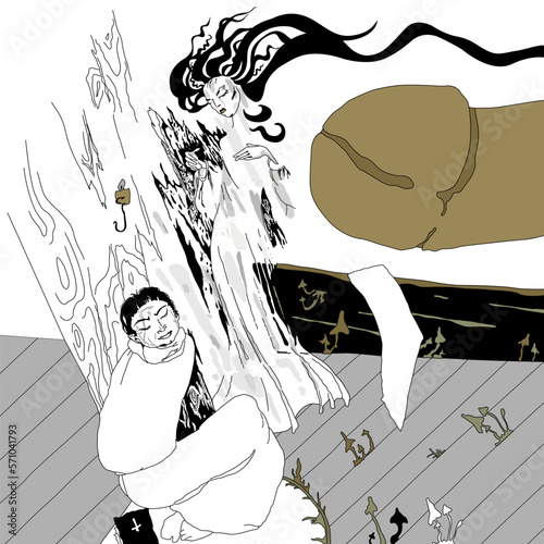Illustration to the horror novella Viy by Ukrainian writer Nikolai Gogol. Temptation of philosopher Khoma Brut by the witch. Original style art.