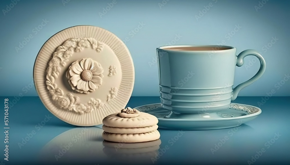 Fototapeta premium a cup of coffee next to a plate with a cookie on it and a cup of coffee in front of it on a blue background. generative ai