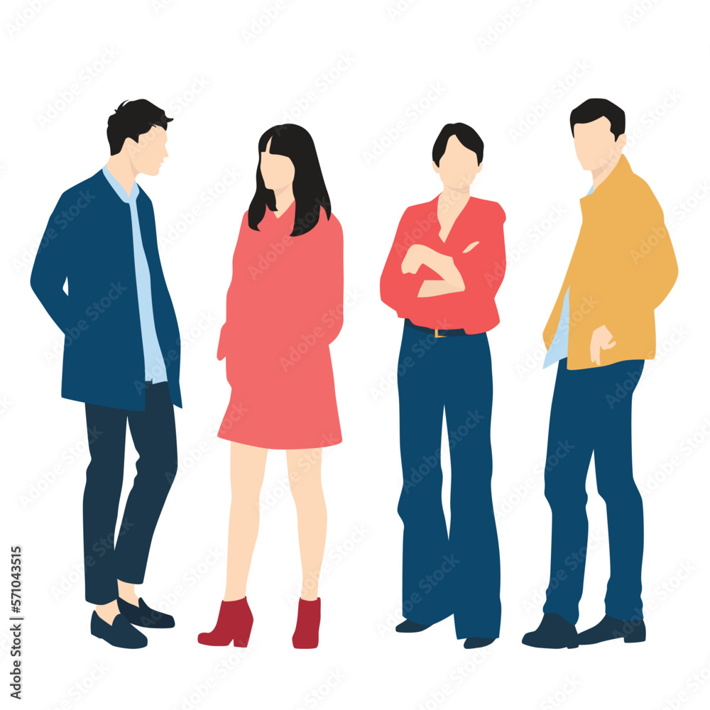 Fototapeta premium Set of young men and women, different colors, cartoon character, group of silhouettes of standing business people, students, the design concept of flat icon, isolated on white background