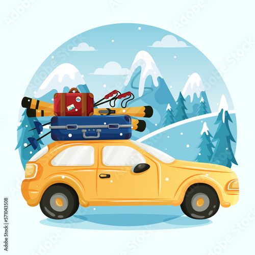 A modern yellow car with two multi-colored suitcases and skis on the roof against the backdrop of a winter landscape. Car on the background of the mountains. Road trip postcard