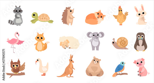 Cute adorable baby animals set. Raccoon, turtle, hedgehog, fox, rabbit, flamingo, koala, bear domestic and wild animals vector illustration