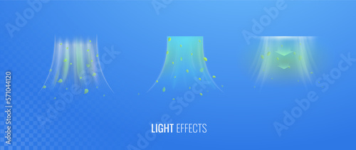 Fresh air flow set of vector elements. Abstract light effect blowing from an air conditioner, purifier or humidifier. Dynamic blurred wave motion with mint leaves, concept of freshness of smell