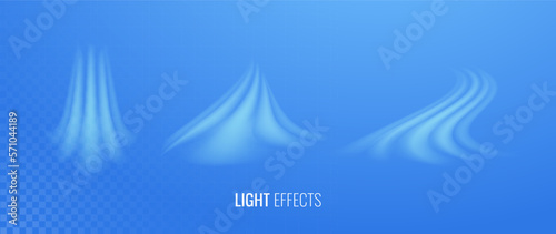 Air flow set of vector elements. Abstract light effect blowing from an air conditioner, purifier or humidifier. Dynamic isometric blurred motion wave concept of freshness of smell