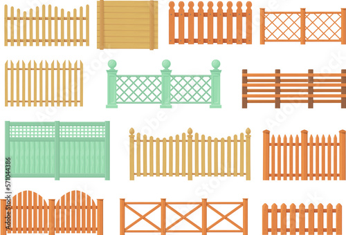 Wooden fencing. Cartoon fences wood bars materials, farm or ranch palisade fence timber balustrade handrail banister garden hedge enclosure barrier gate, neat vector illustration