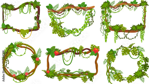 Liana frames. Rainforest thicket frame for game ui, cartoon jungle creeper on branches, creeping rope vines ivy plant tropical vegetation foliage, set ingenious vector illustration