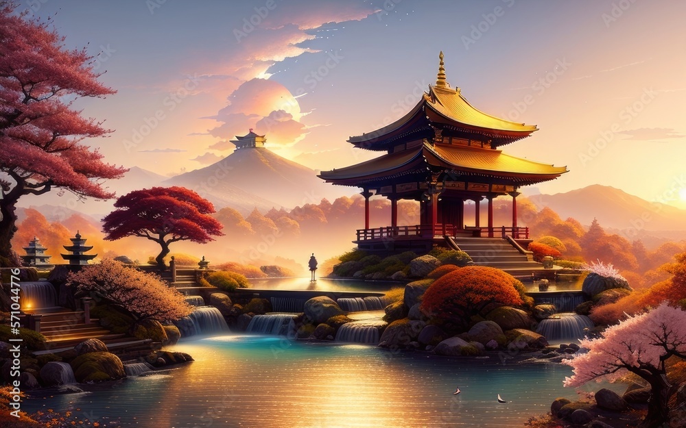 Obraz premium A Chinese temple in a beautiful mountain landscape overlooking the clouds