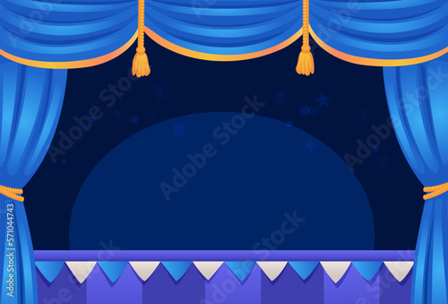 Cartoon theatre stage. Empty theater scene clipart with blue curtains, broadway performance circus show opera concert or casino dark hall audience background vector illustration
