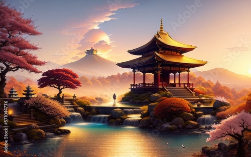 A Chinese temple in a beautiful mountain landscape overlooking the clouds