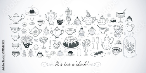 English tea party doodles with sweets and vintage tea set on white background. Vector sketch illustration.