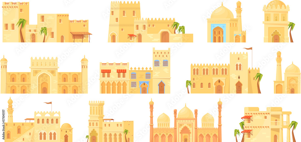 Islamic heritage buildings. Old brick building traditional arabic architecture, ancient facade palais from arabia or africa desert arabian houses, ramadan neat vector illustration - obrazy, fototapety, plakaty 