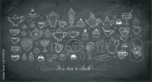 English tea party doodles with sweets and vintage tea set on blackboard background. Vector sketch illustration