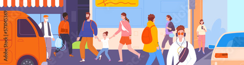 Summer people traffic. Busy citizens on downtown street or sidewalk, pedestrians walking in city, urban life scene cityscape outside town building flat splendid vector illustration