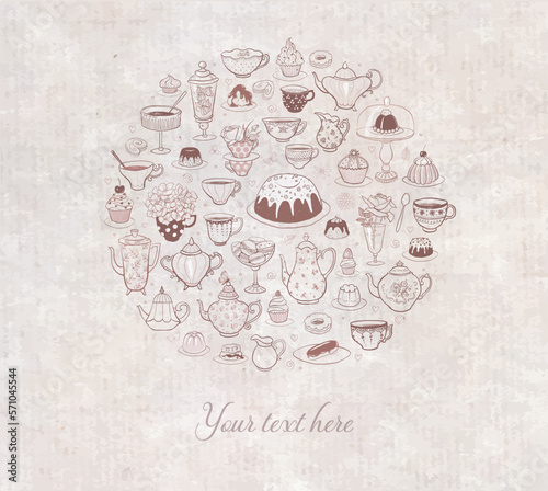 Card with tea party doodles on vintage background with place for your text. Vector sketch illustration.