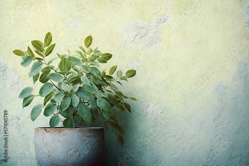 White grunge wall and green plant, Generative AI