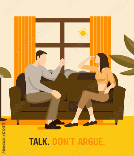 A couple sits on the sofa and argues. Flat design, vector illustration. An optimistic caption: Talk. Don't argue.