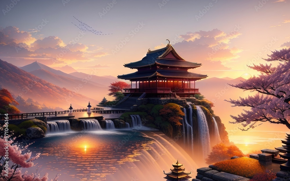 Obraz premium A Chinese temple in a beautiful mountain landscape overlooking the clouds
