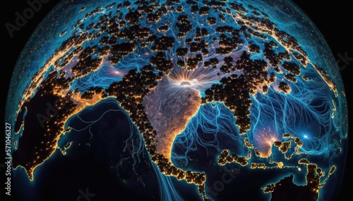  the earth's night lights are glowing blue and yellow, and the earth is covered in a series of glowing lights that appear to be from the earth's atmosphere. generative ai