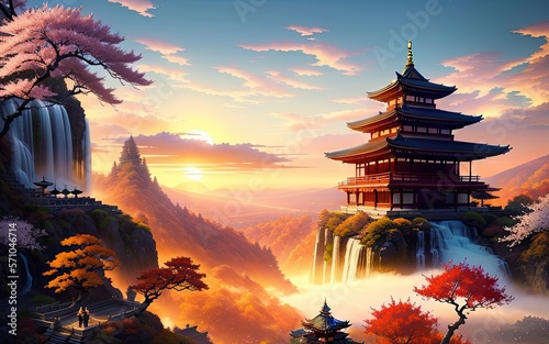 A Chinese temple in a beautiful mountain landscape overlooking the clouds
