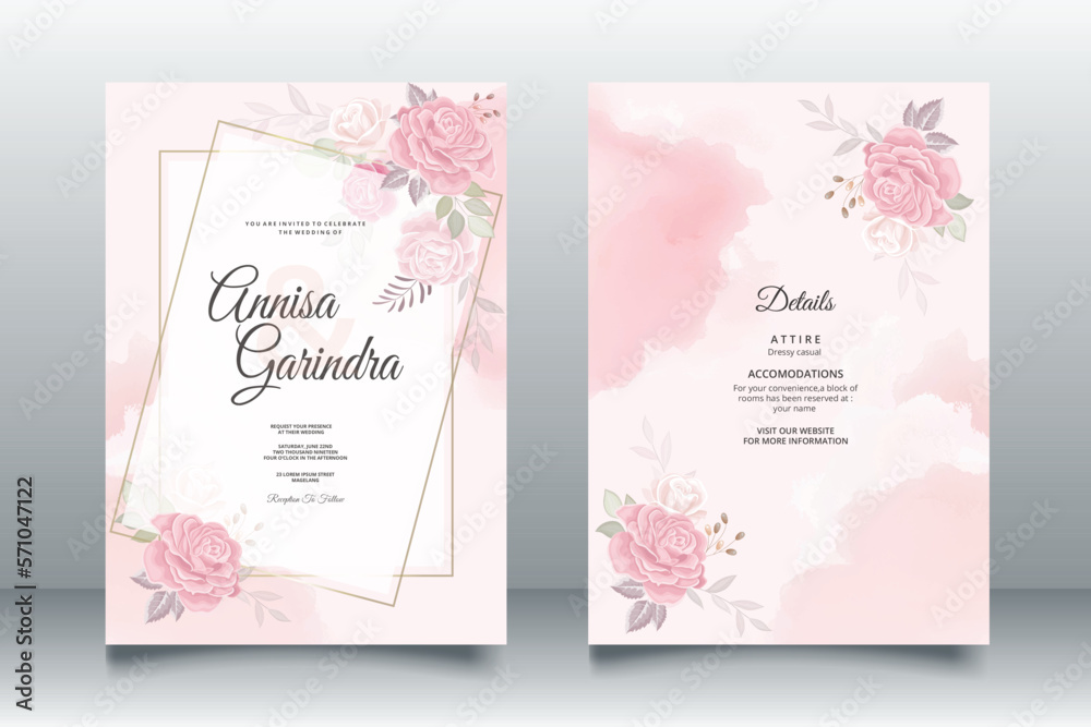 Elegant wedding invitation cards template with pink and blush roses design Premium Vector	
