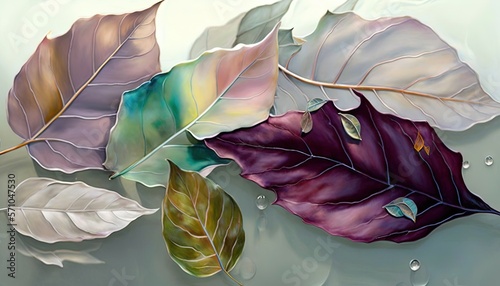  a painting of three leaves floating on a body of water with drops of water around them and the leaves on the bottom of the picture.  generative ai © Anna