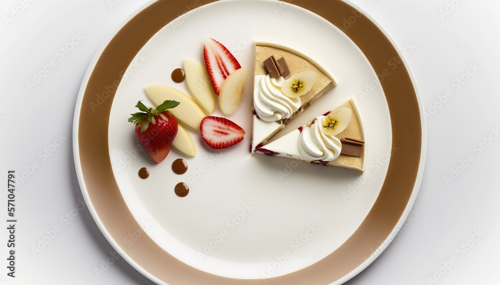 a white plate topped with slices of cheesecake and sliced strawberries on top of each other on top of a white plate with a brown rim. generative ai a white plate topped with slices of cheesecake and sliced strawberries on top of each other on top of a white plate with a brown rim. generative ai