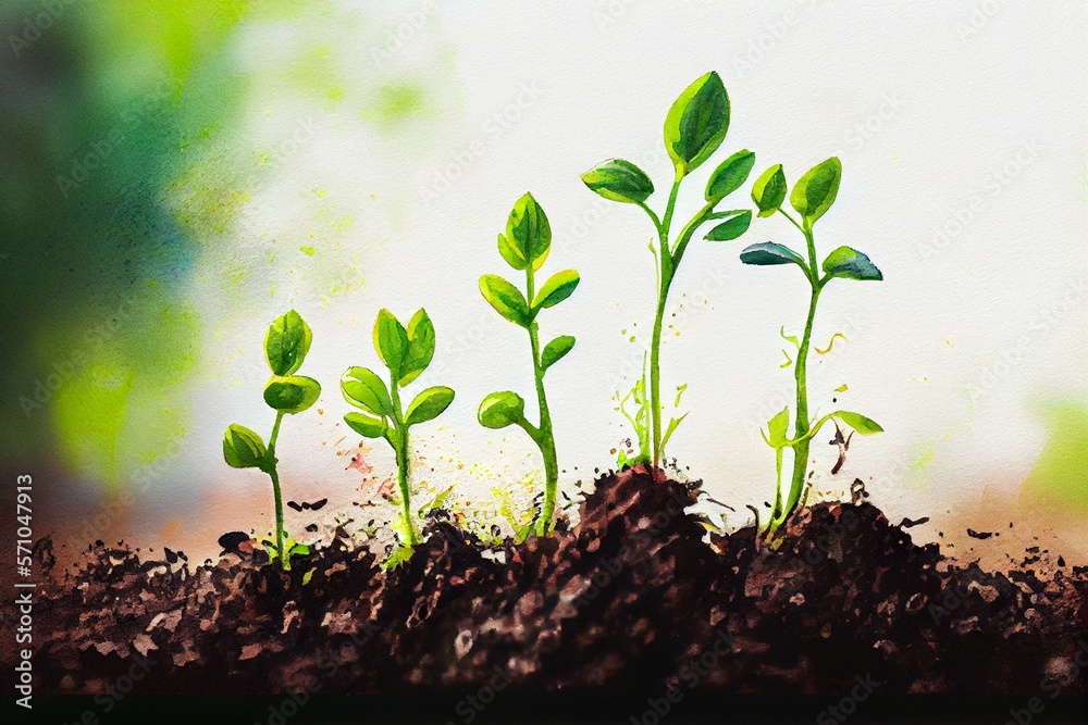 © Kateryna - Group of green sprouts growing out from soil, watercolor style AI Generated