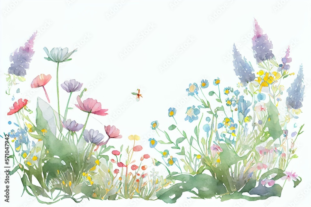  A watercolor illustration of a spring field where various flowers are in full bloom. Two-corner decorative frame design.Watercolor trace vector. The layout of each plant can be c AI Generated