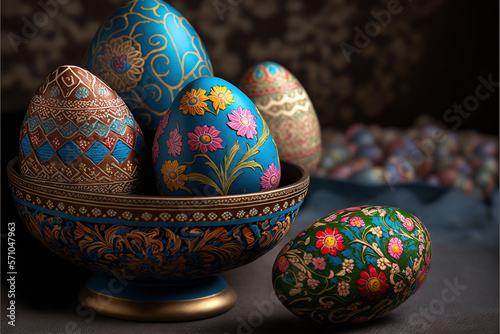 Colorful nowruz eggs background Generative AI photo