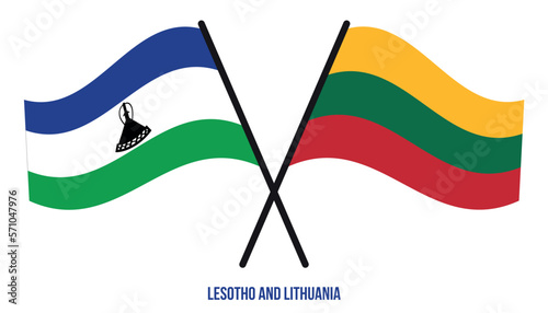 Lesotho and Lithuania Flags Crossed And Waving Flat Style. Official Proportion. Correct Colors.