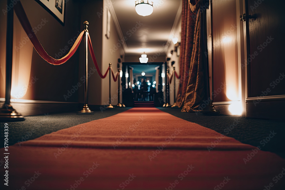 Red carpet on stairs indoors with curtains. Illustrations AI generator
