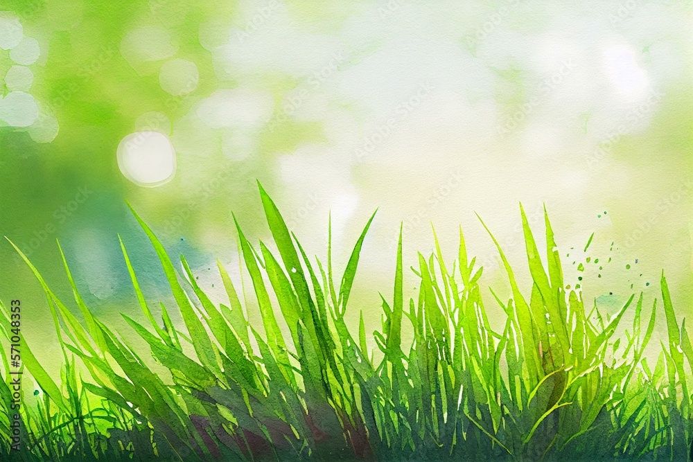 Fototapeta premium Spring or summer with grass field and nature green background, watercolor style AI Generated