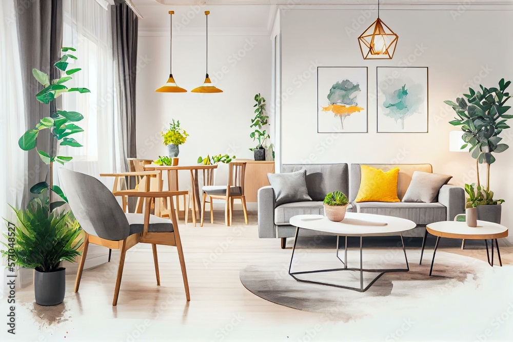  Open space living and dining room interior with gray sofa, wooden tables, white chairs and plants. Real photo, watercolor style AI Generated
