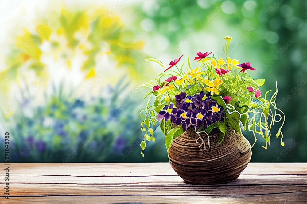 flower vase on wood table and space garden background, watercolor style AI Generated flower vase on wood table and space garden background, watercolor style AI Generated